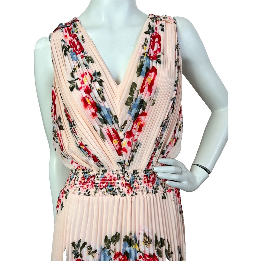 WHBM Maxi Plisse Dress Size 4 Pink Floral Chiffon V-Neck Sleeveless Zip EUC - Picture 3 of 15
